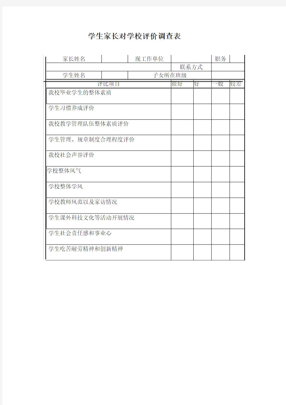 学生家长对学校的评价表