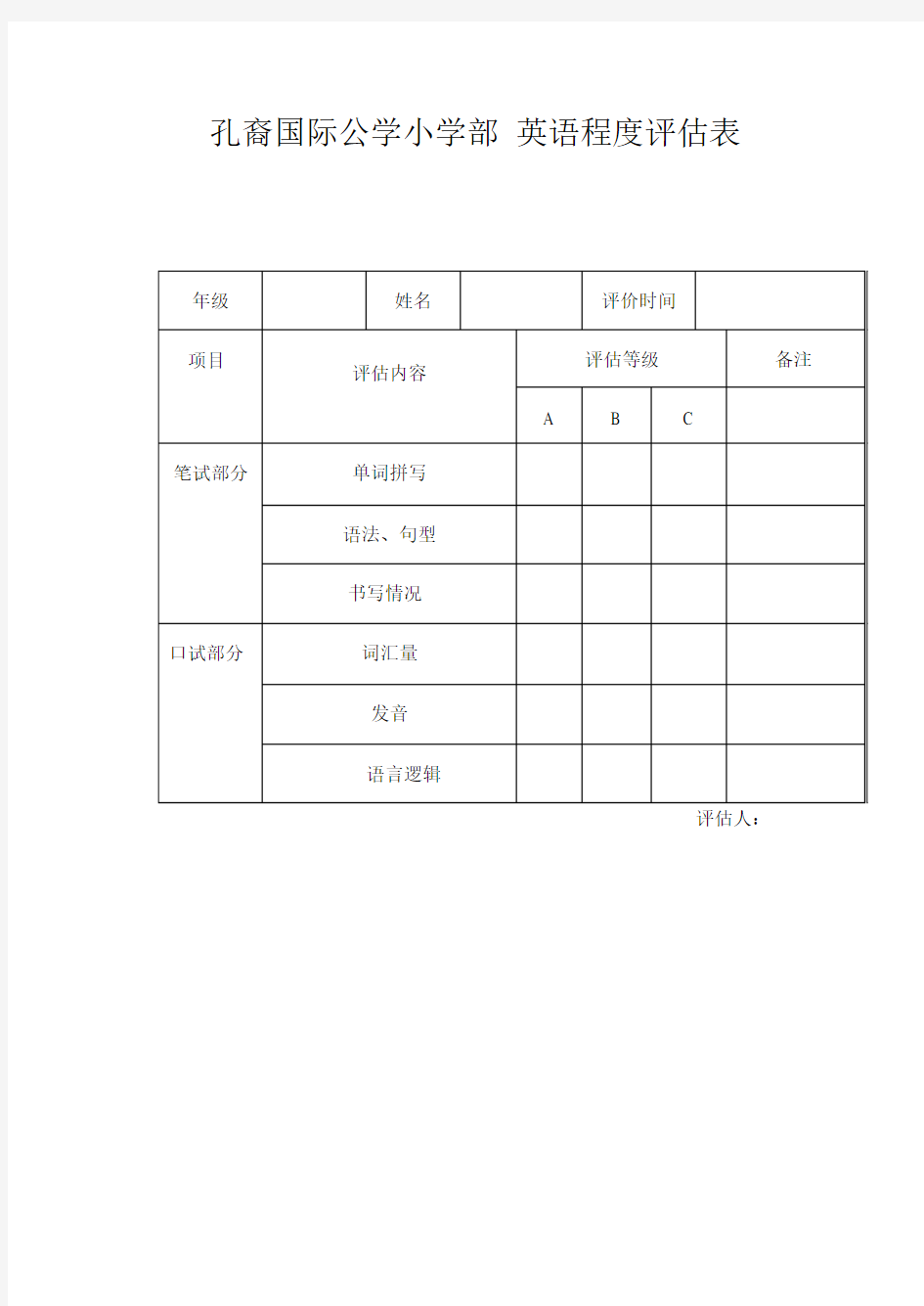 英语程度评估表