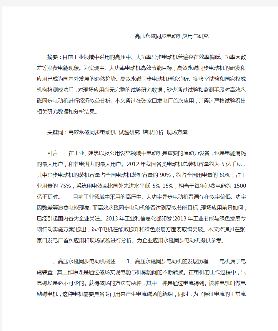 高压永磁同步电动机应用与研究