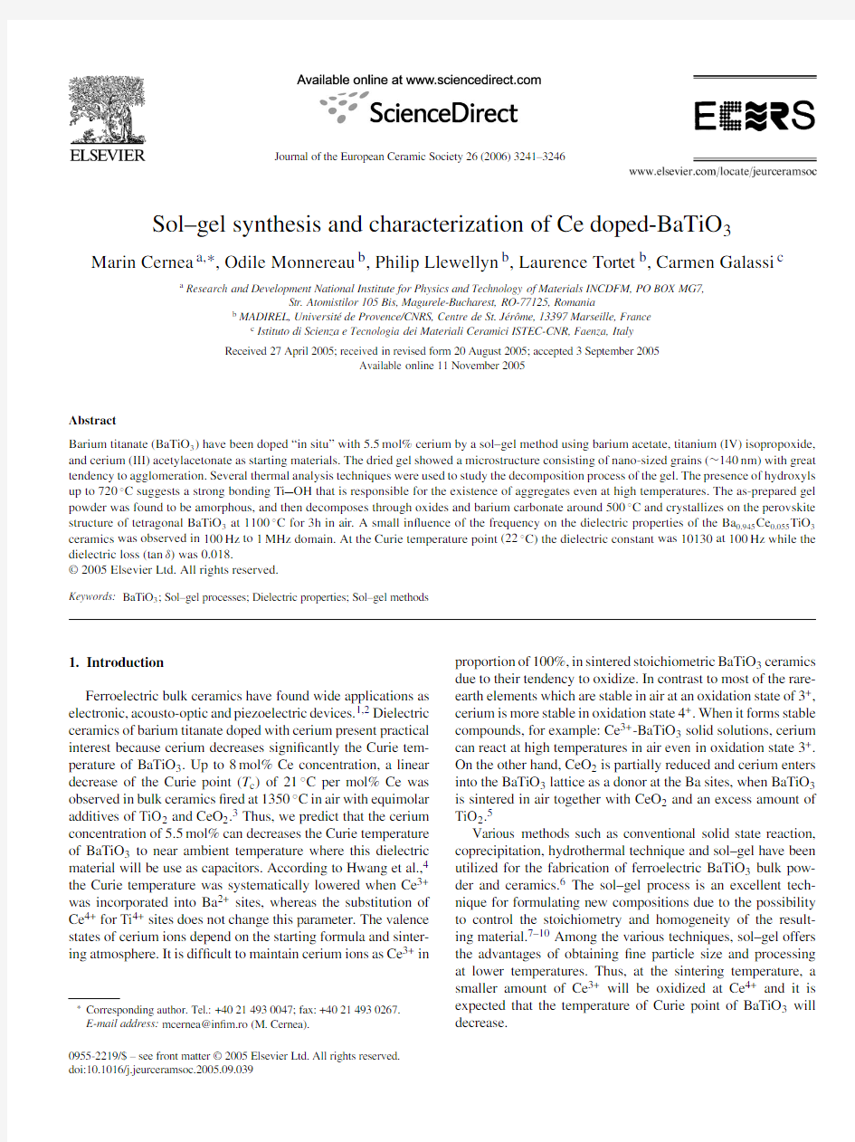 Sol–gel synthesis and characterization of Ce doped-BaTiO3