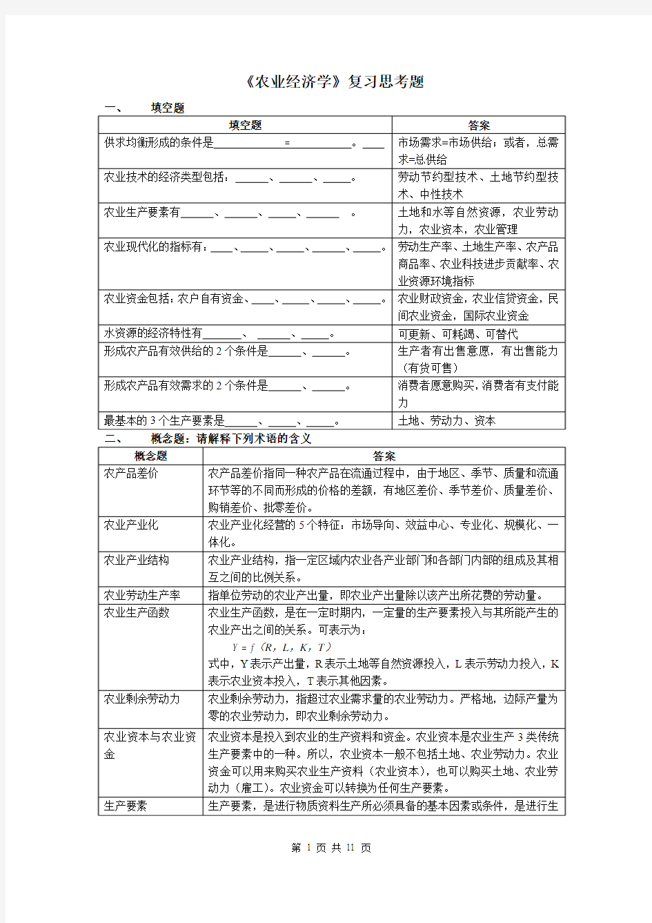 《农业经济学》复习思考题