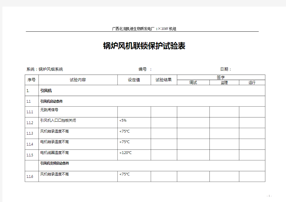 锅炉联锁保护试验记录表