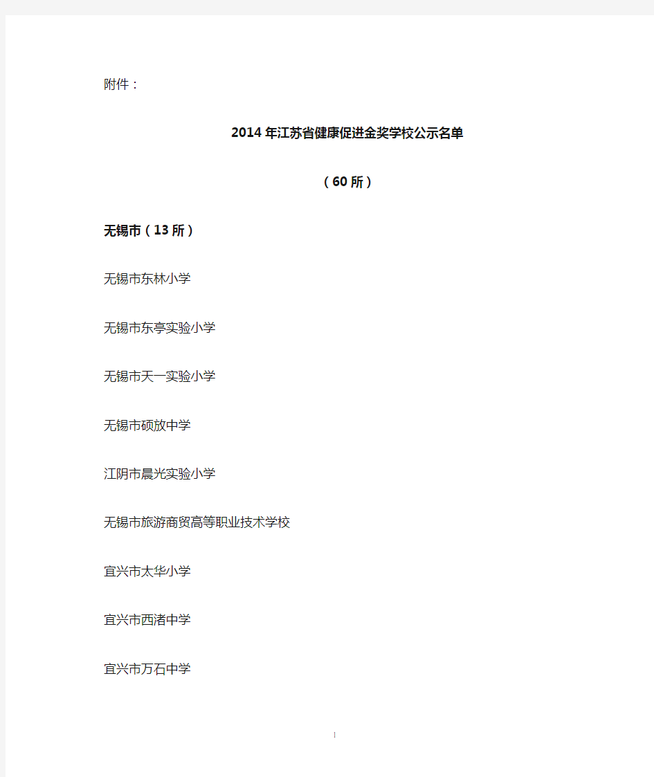 2014年江苏省中小学健康促进金奖学校公示名单