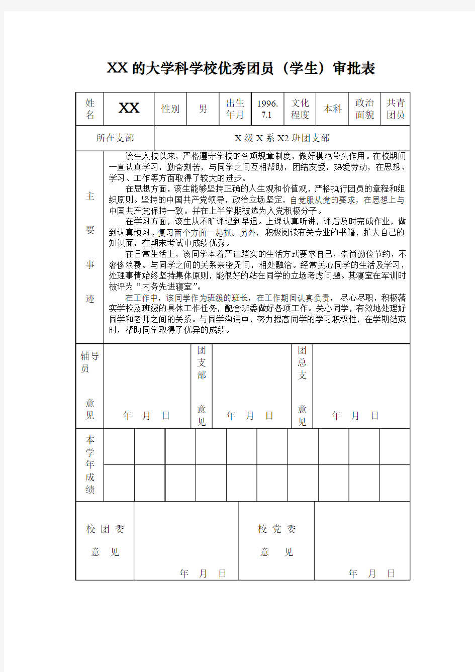 优秀团员审批表填写模版