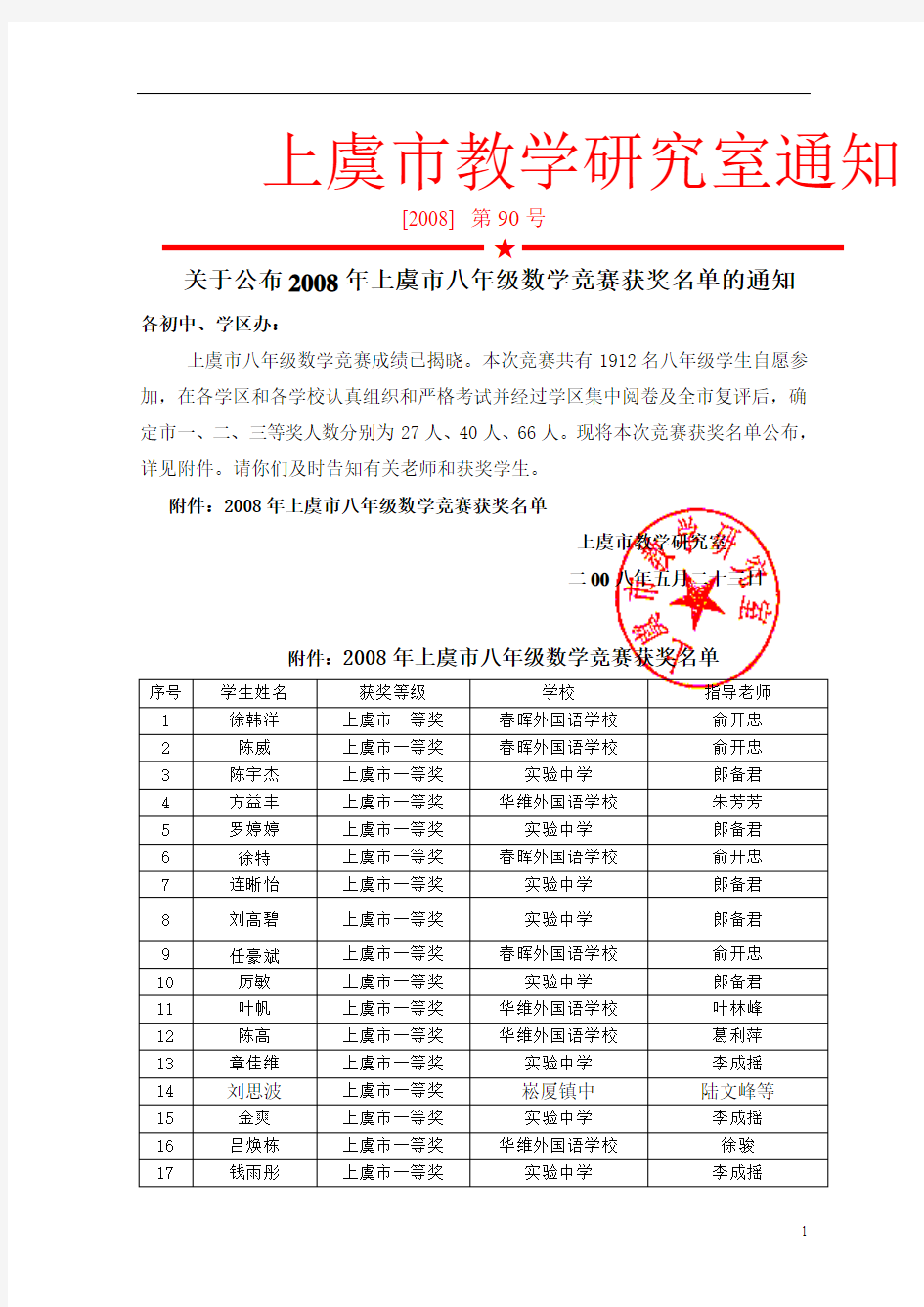 上虞市教学研究室通知