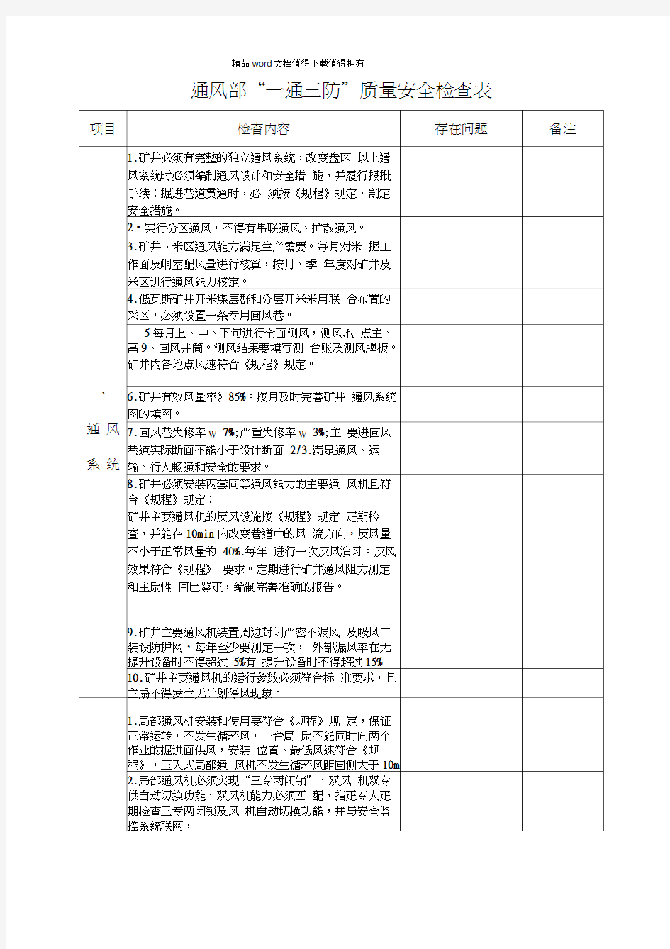 通风部“一通三防”质量安全检查表