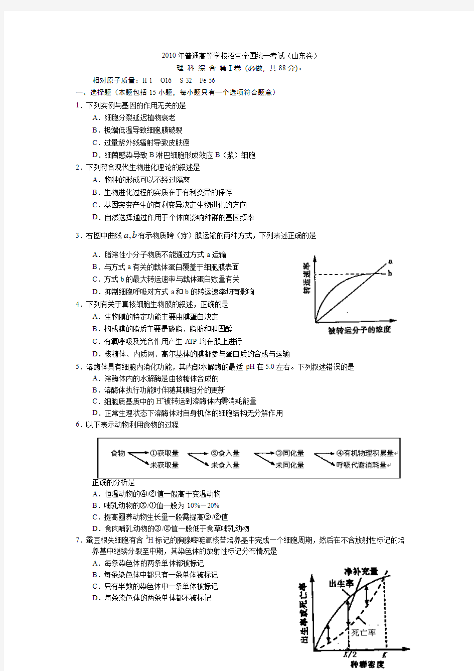 2010山东高考理综试题及答案word版改编版