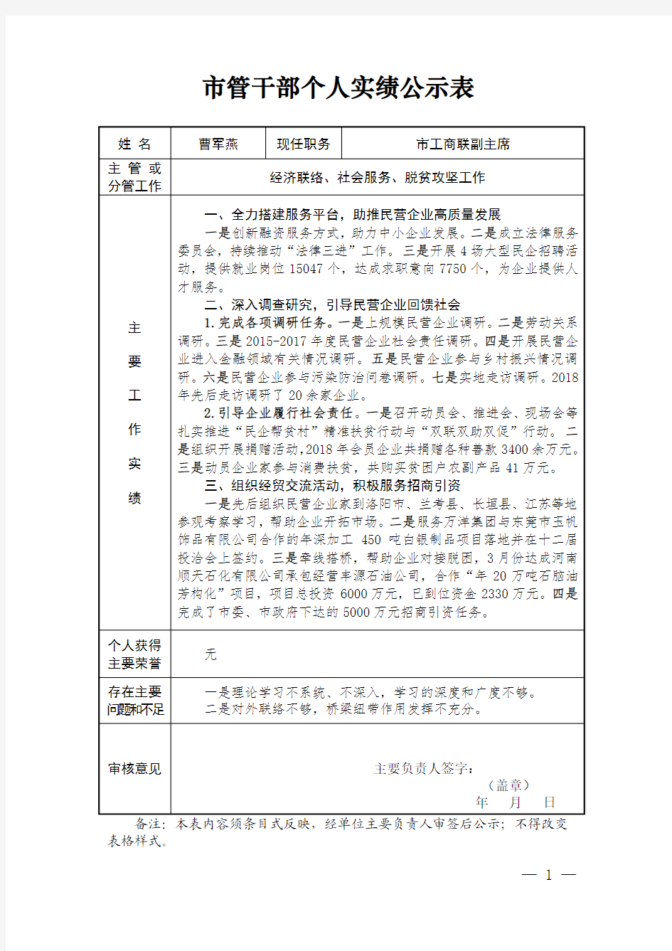 管干部个人实绩公示表