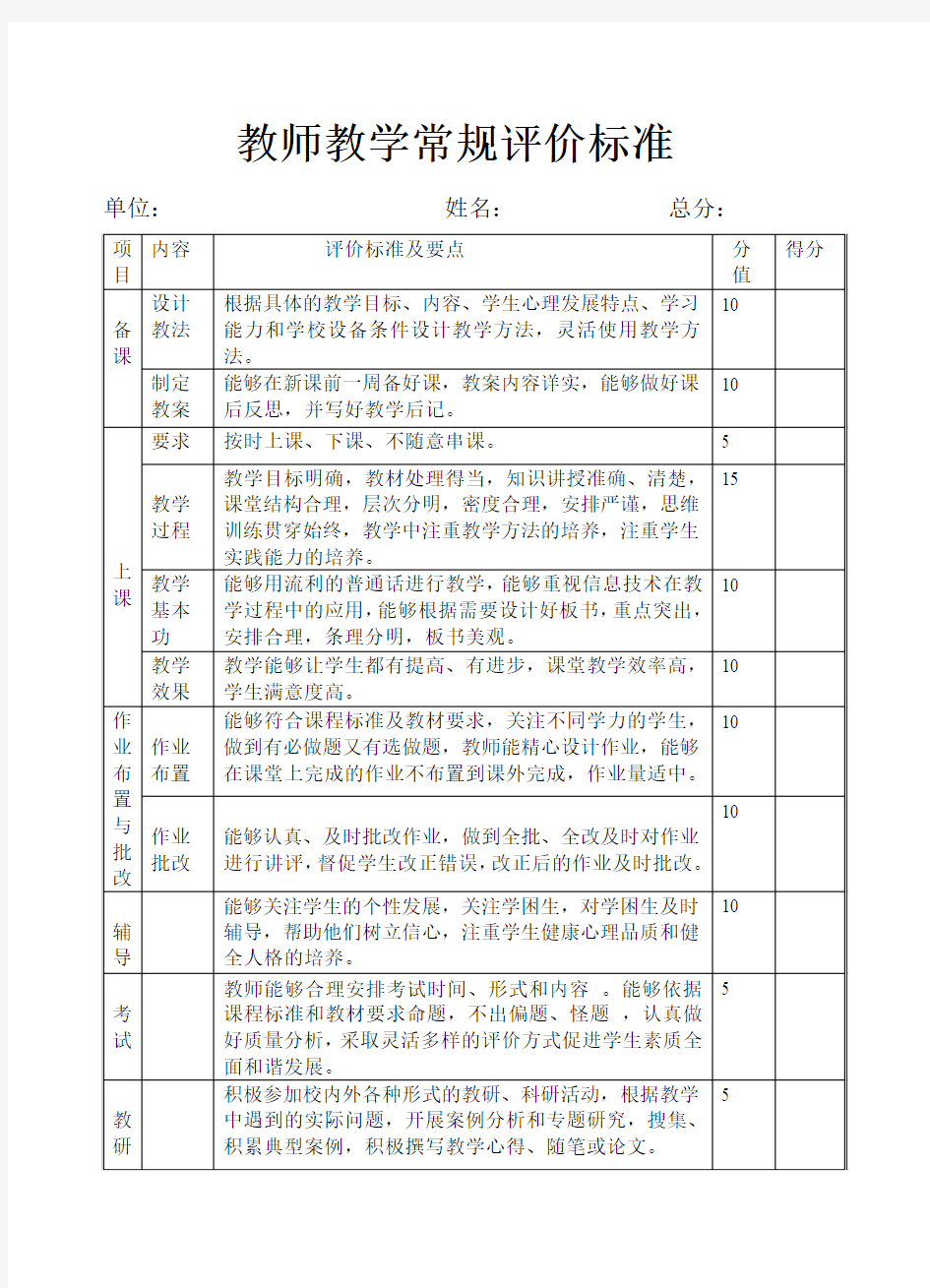 教师教学常规评价标准