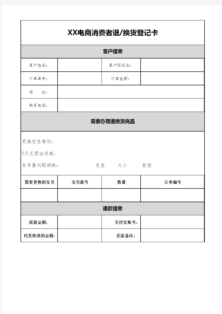 淘宝退换货表格