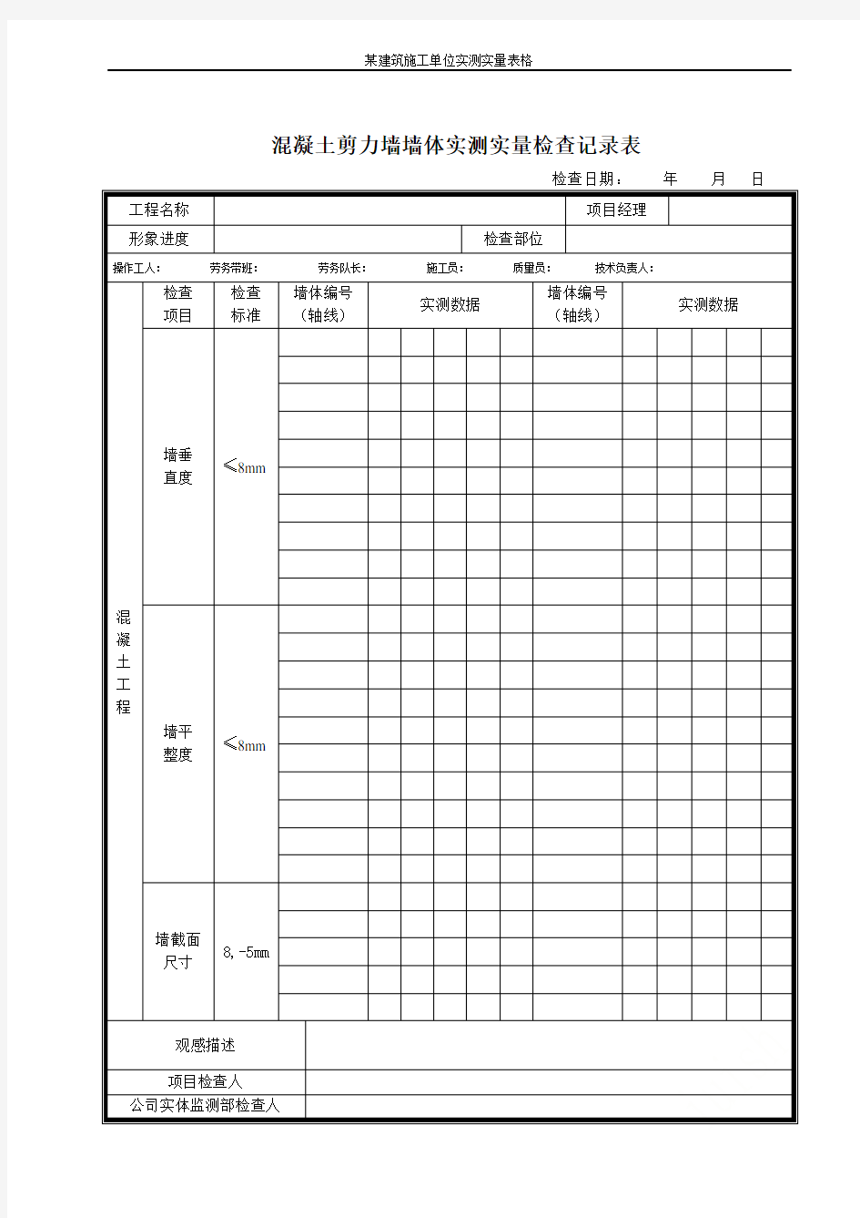 某建筑施工单位实测实量表格