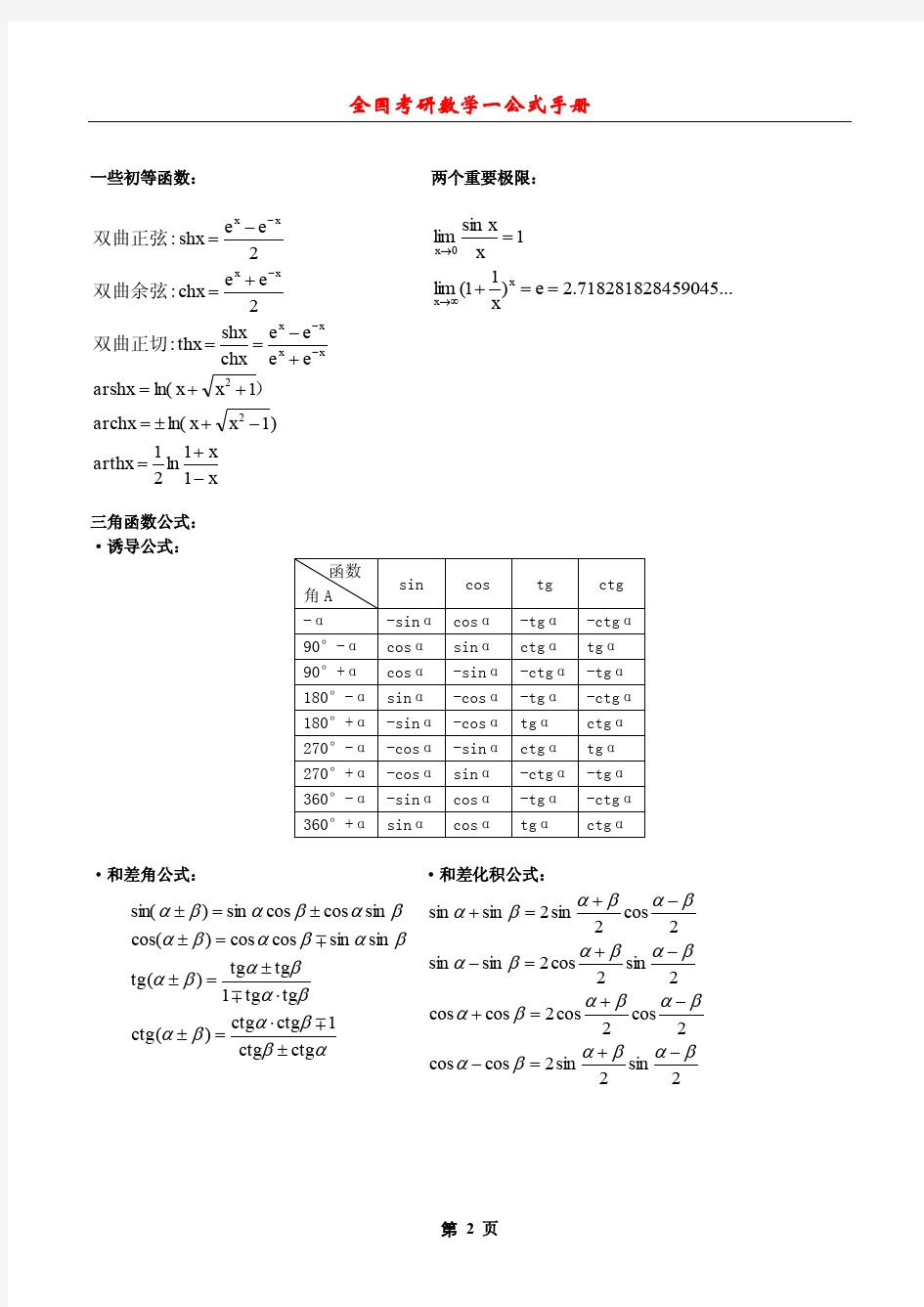 考研数学一公式手册大全(整理全面)