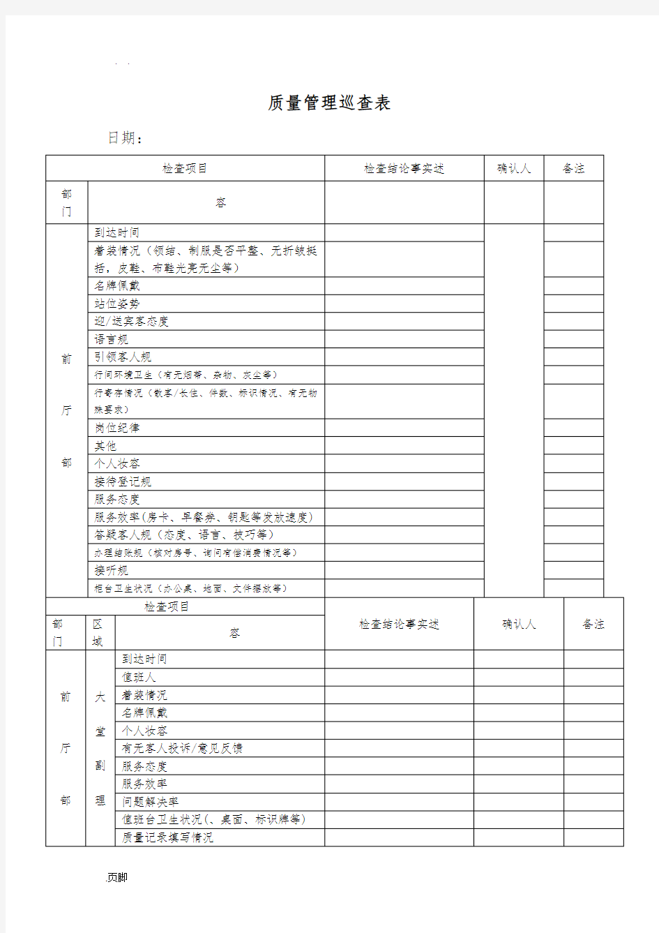 酒店质检表格模板