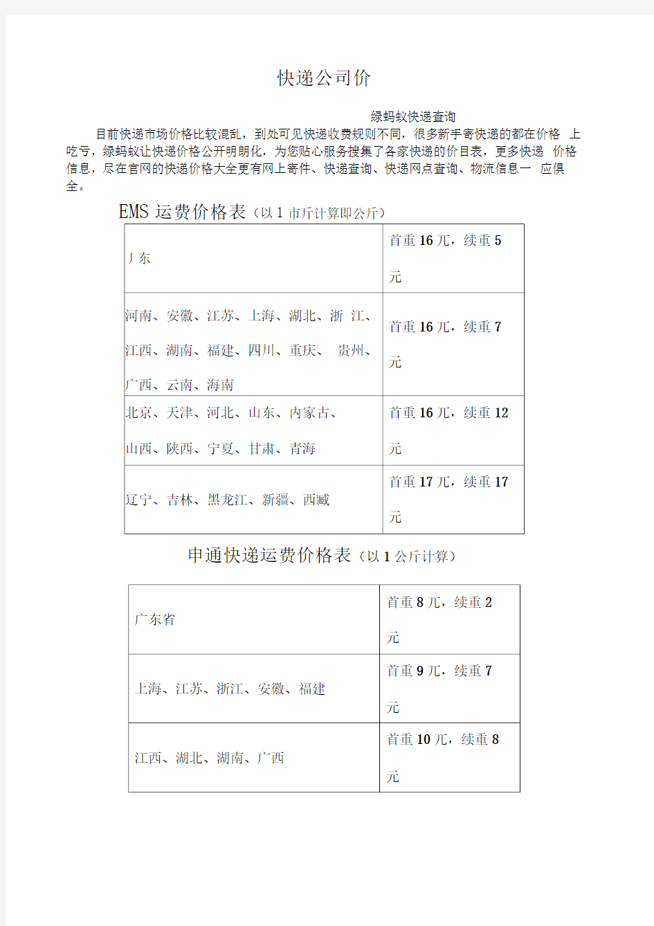 快递公司价格一览表