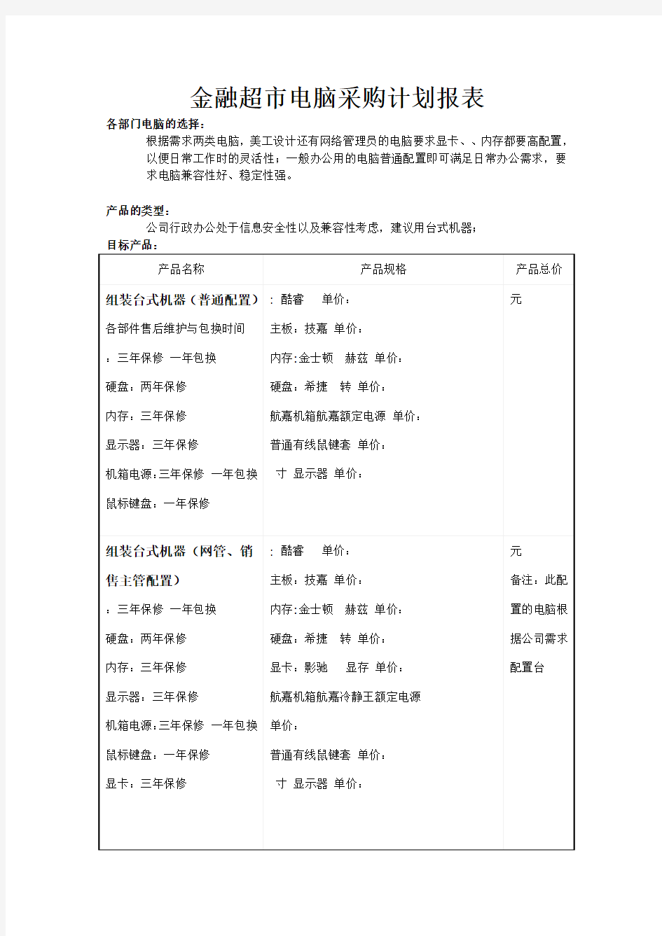 公司电脑采购详细申请清单