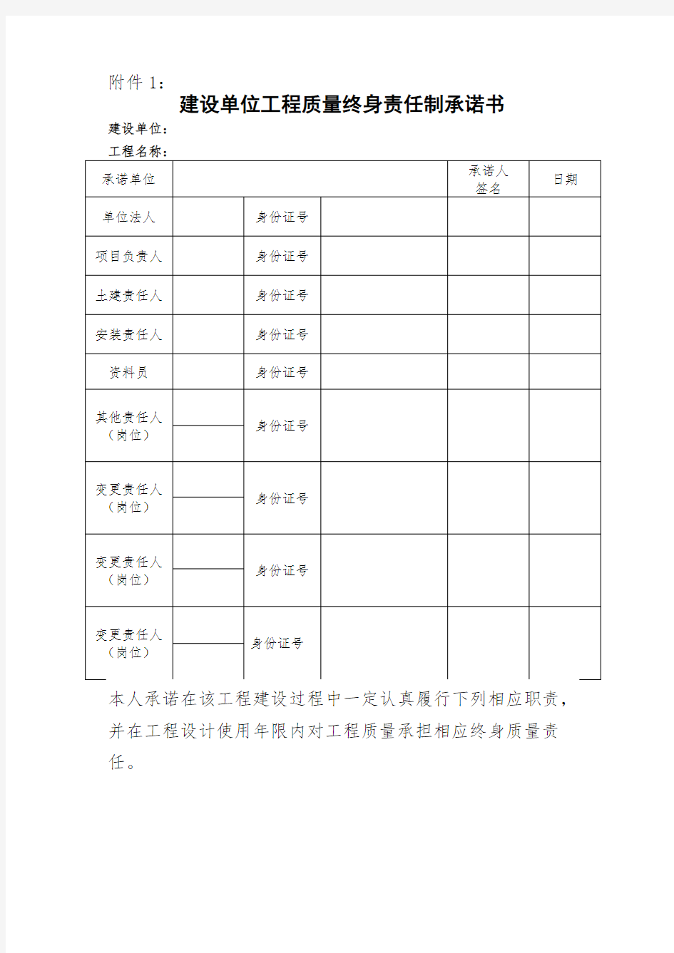 质量终身责任承诺书