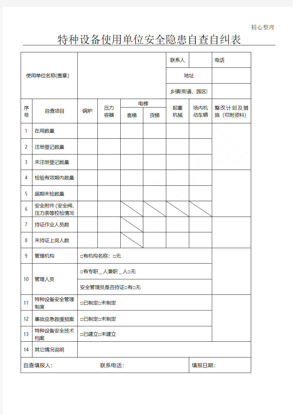 特种设备使用单位安全隐患自查自纠表格模板