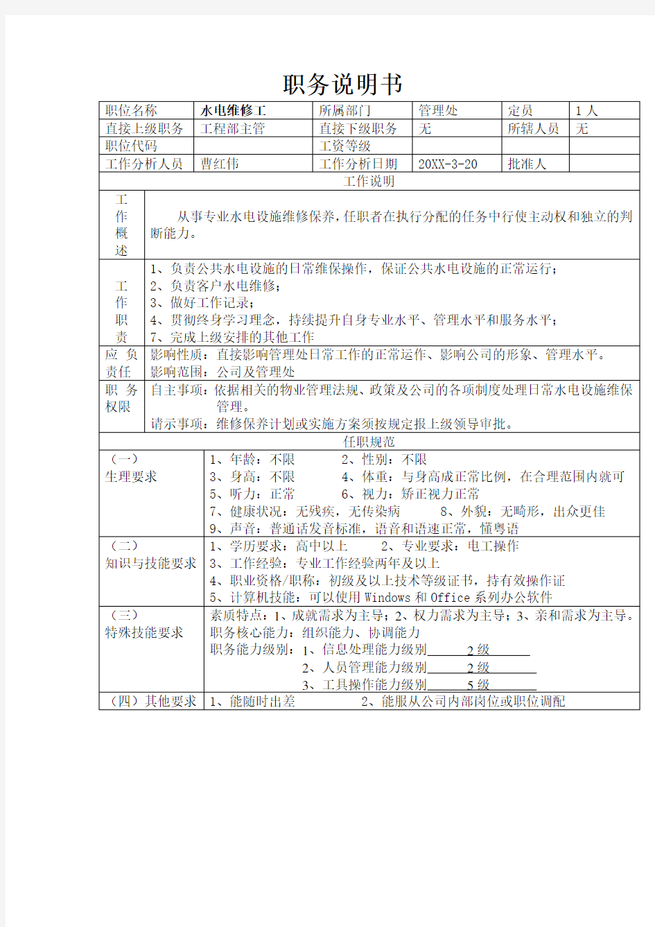 岗位职责-水电维修工职务说明书 精品