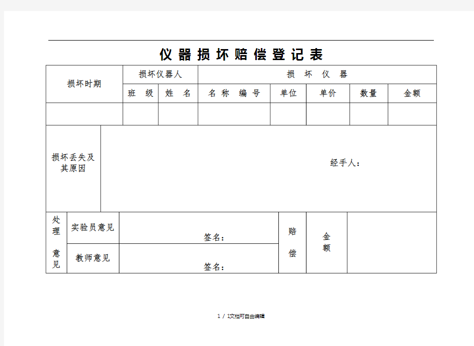 实验室仪器损失报告单