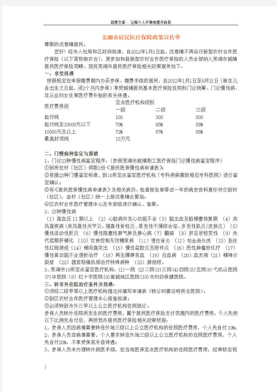 芜湖市居民医疗保险政策宣传单