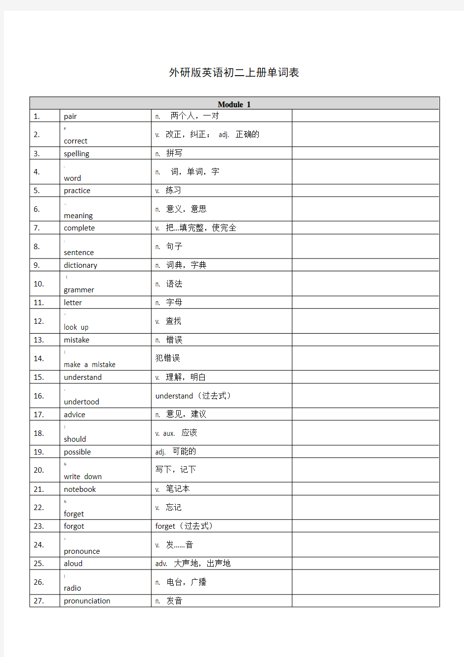 新外研版英语八年级上册单词表