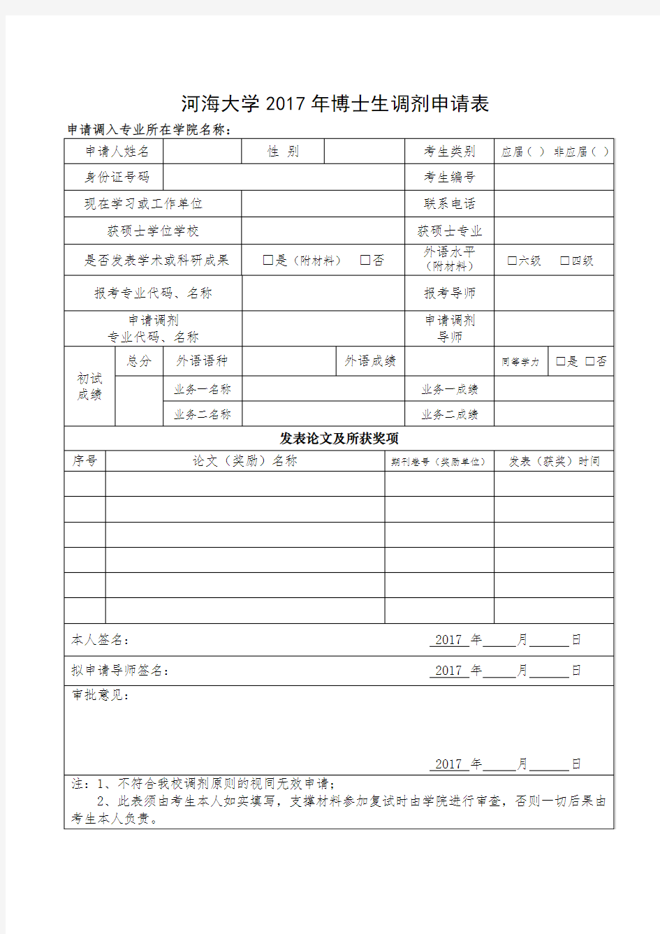 河海大学2017年博士生调剂申请表