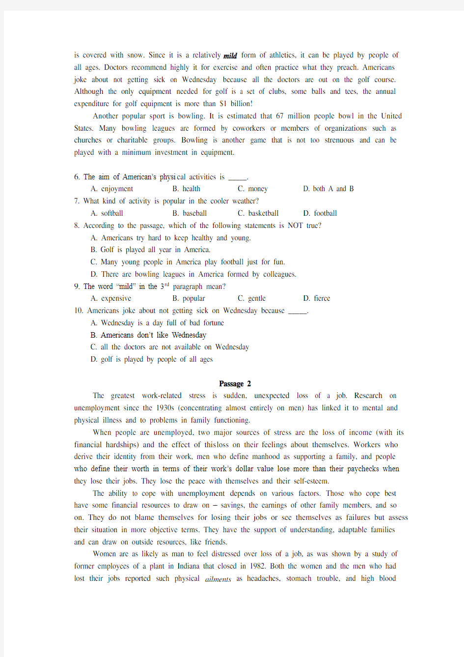 大学英语统考模拟卷3
