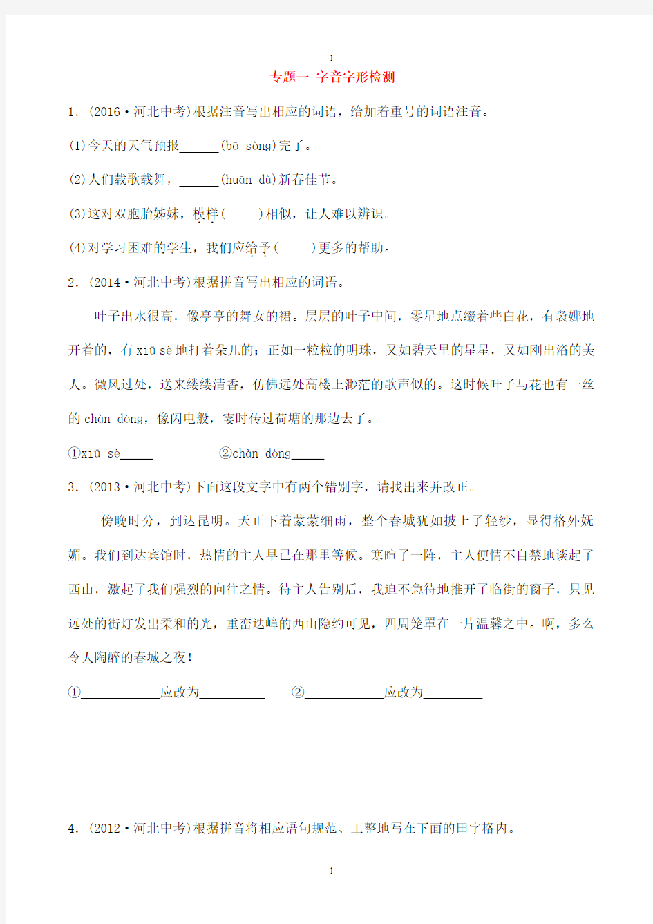 河北省中考语文总复习专题一字音字形检测(附答案)