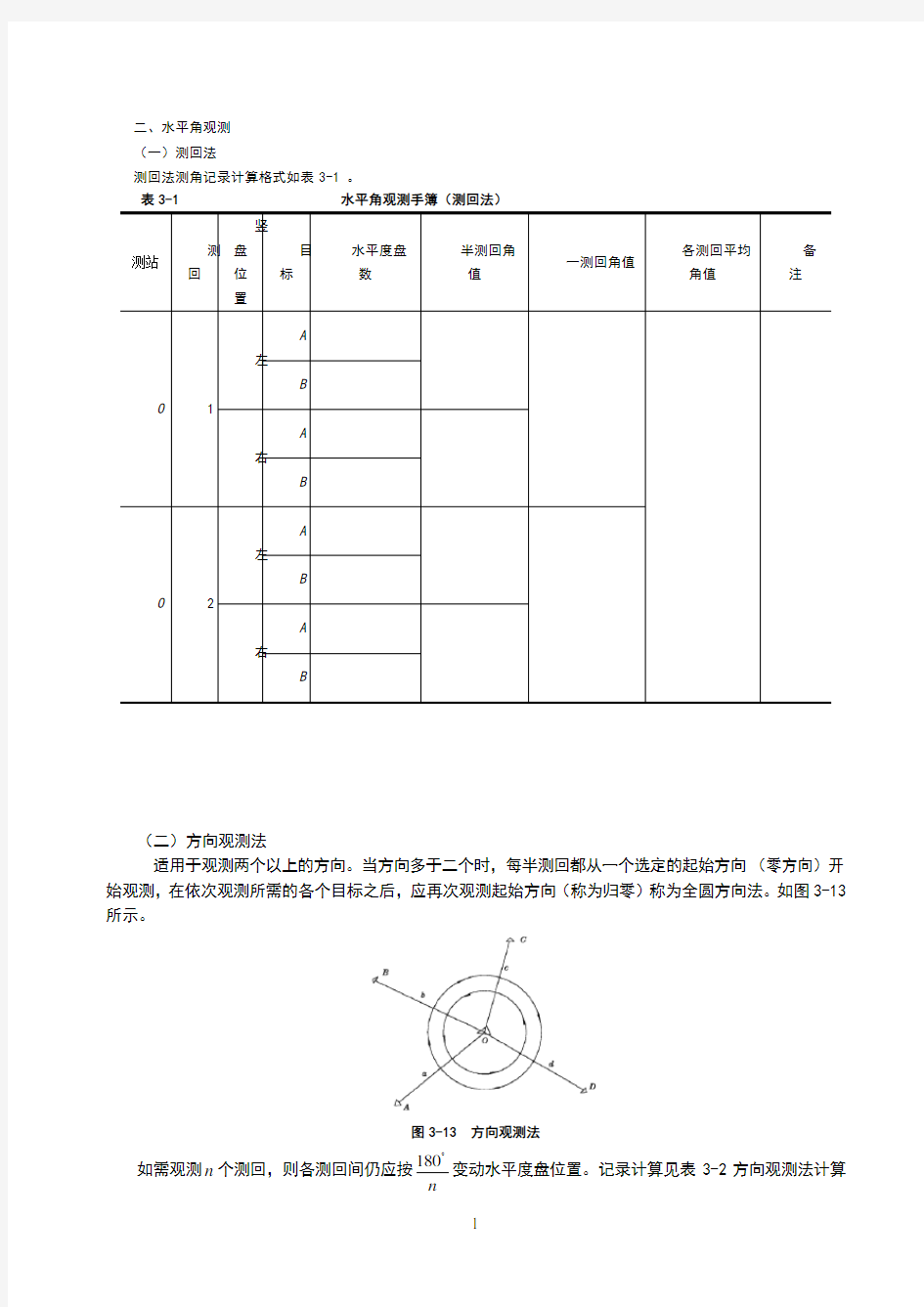 水平角测量数据记录表