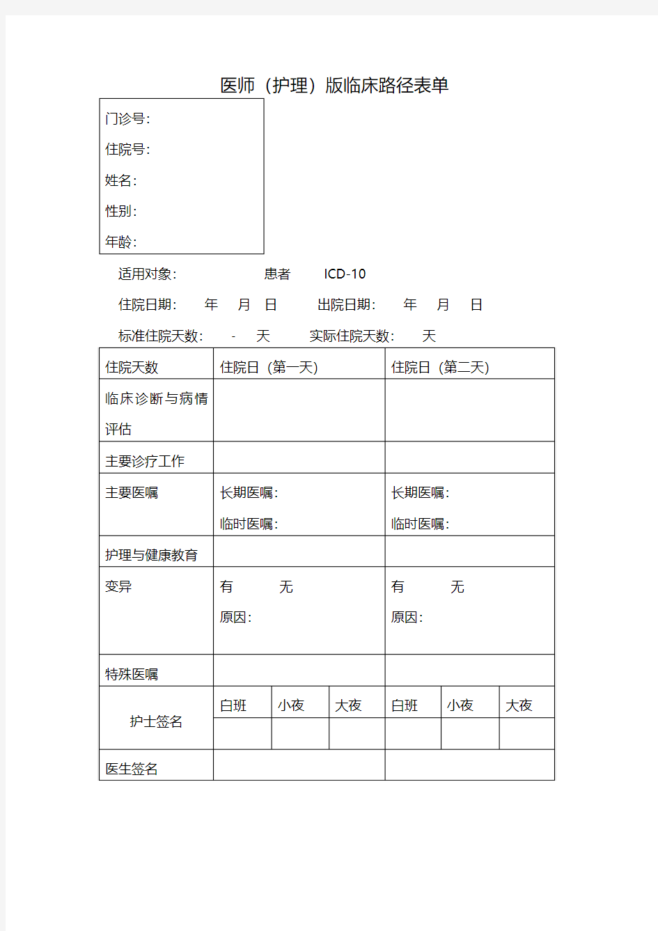 医师(护理)版临床路径表单