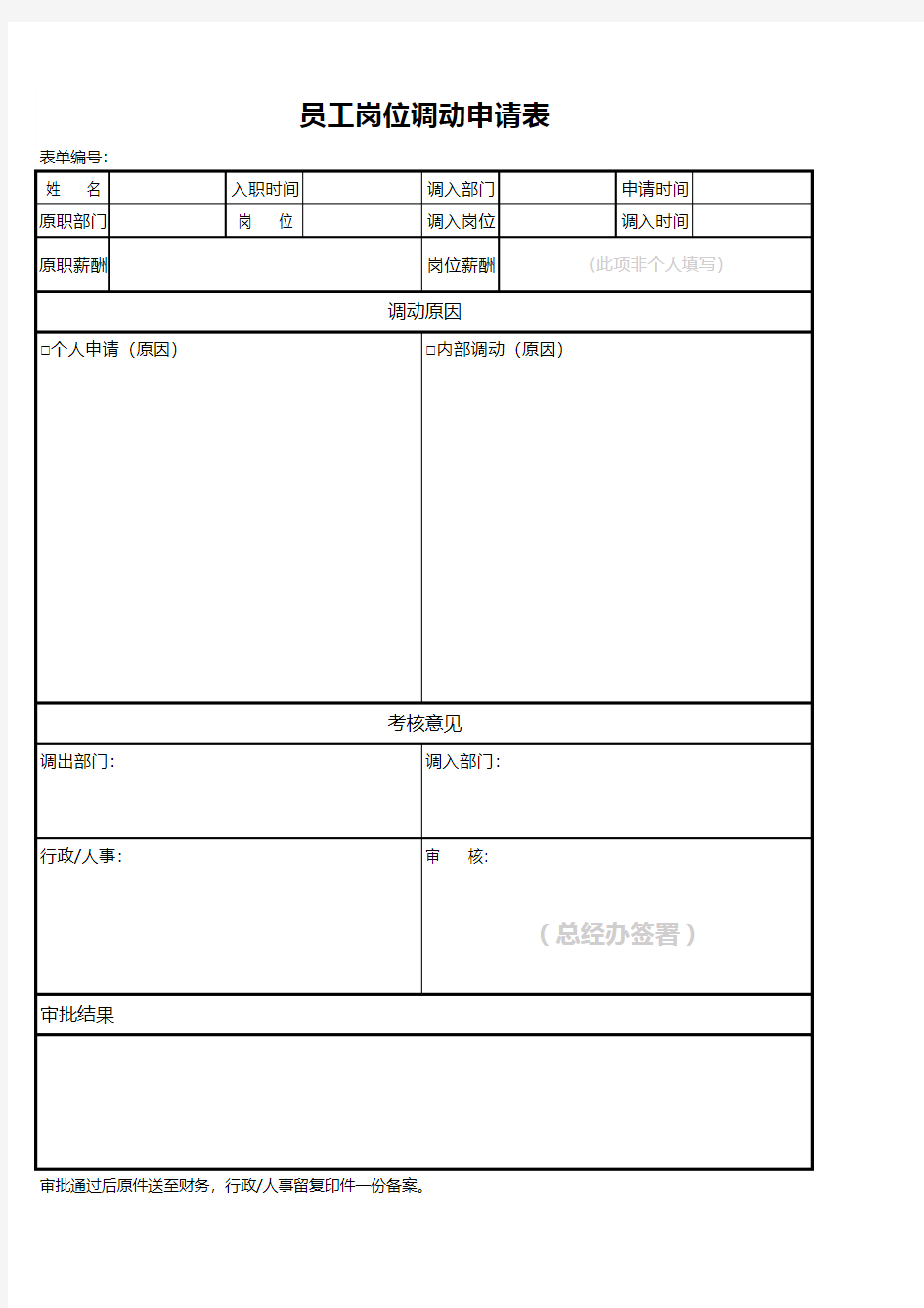 员工岗位调动申请表excel表格模板