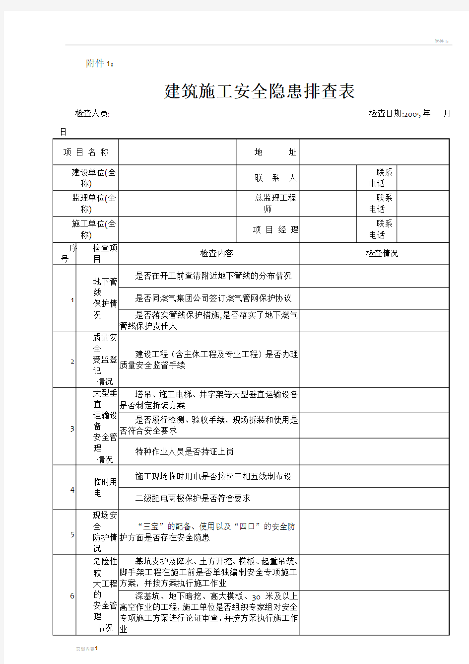 建筑施工安全隐患排查表