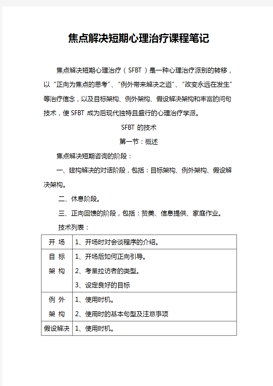 焦点解决短期心理治疗课程笔记教学内容