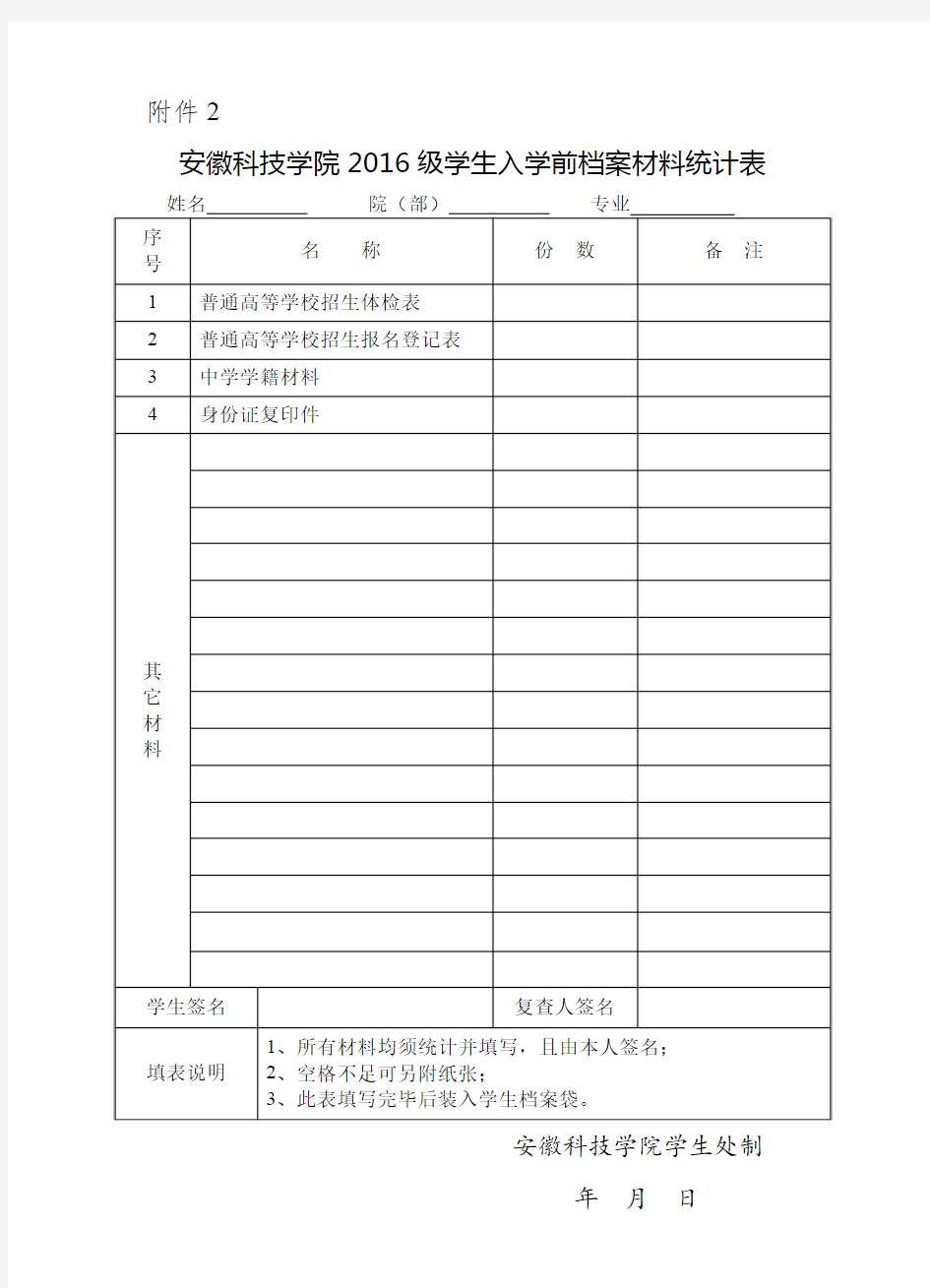 安徽科技学院2016级学生入学前档案材料统计表