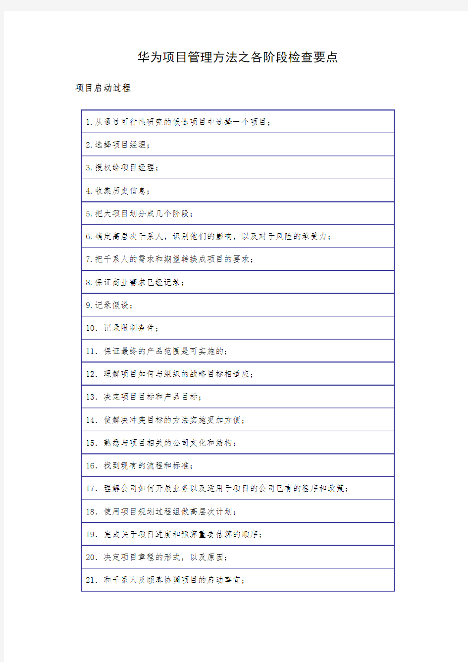 (完整版)华为项目管理方法之各阶段检查要点