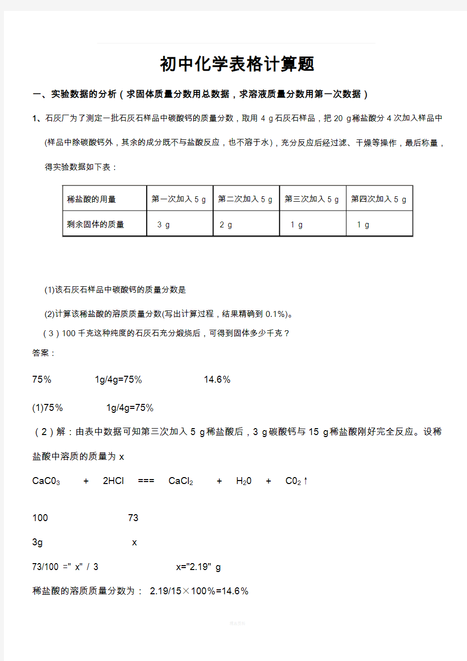 初中化学表格计算题(含答案)