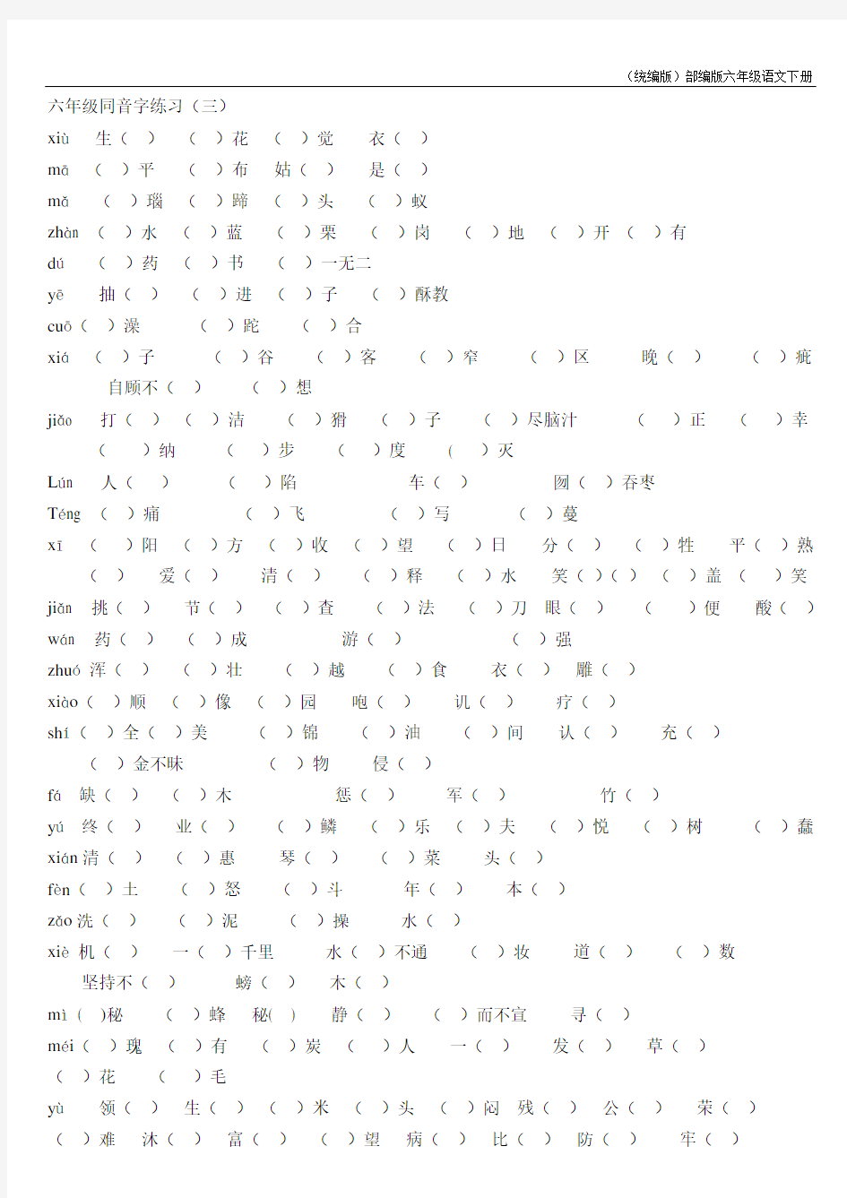 (统编版)部编版六年级语文下册同音字练习(三)