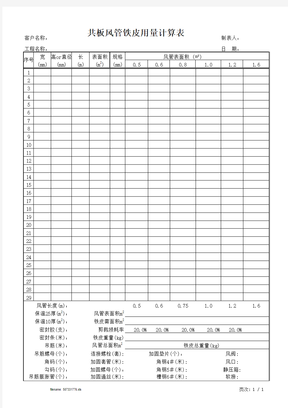 共板风管工程量计算表