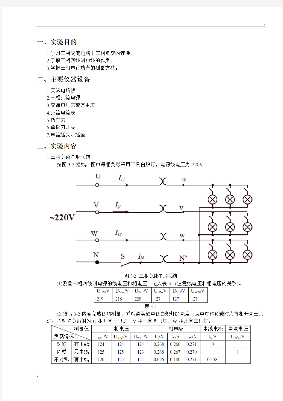 电工电子学实验报告_实验三_三相交流电路