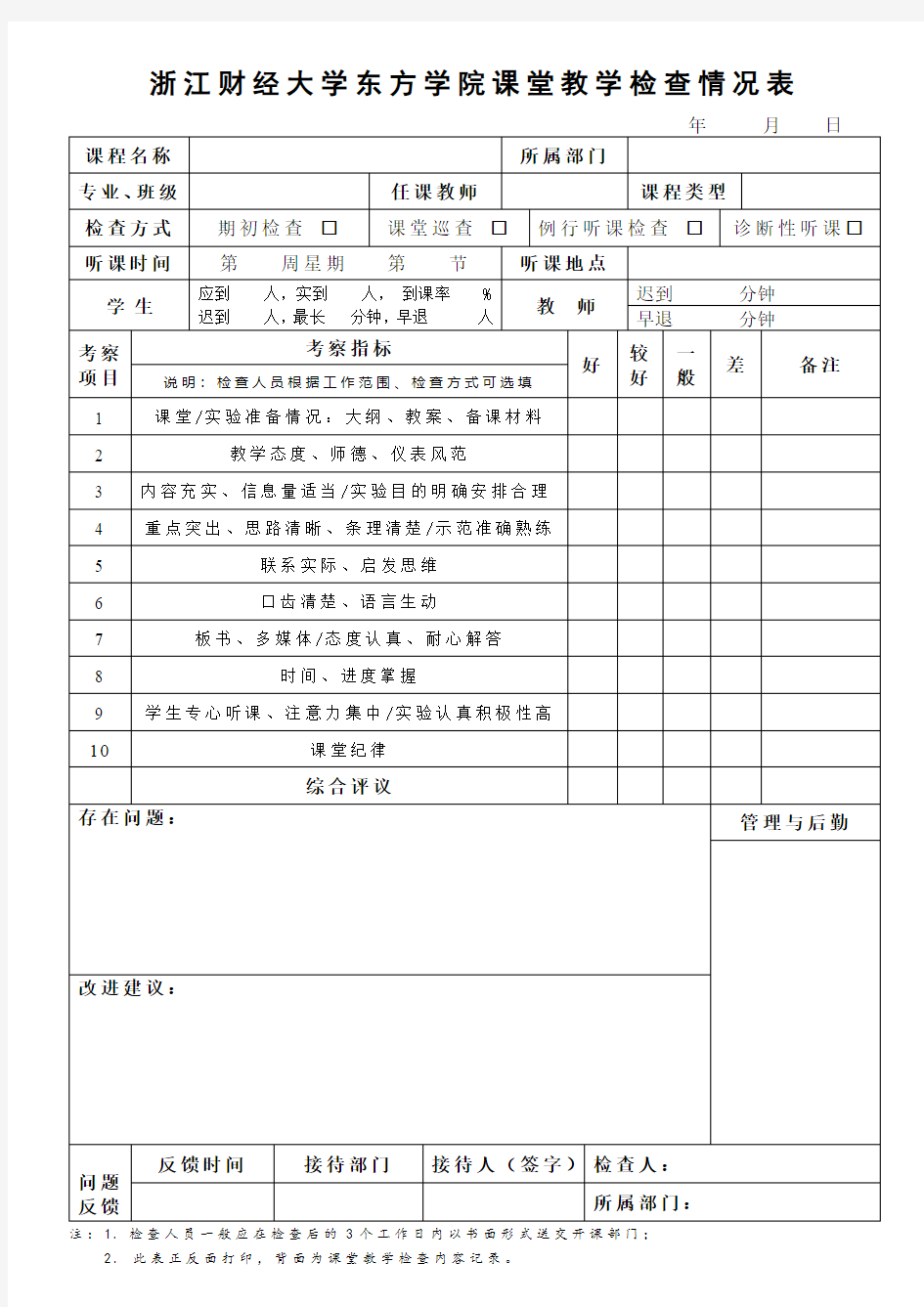 浙江财经大学东方学院课堂教学检查情况表