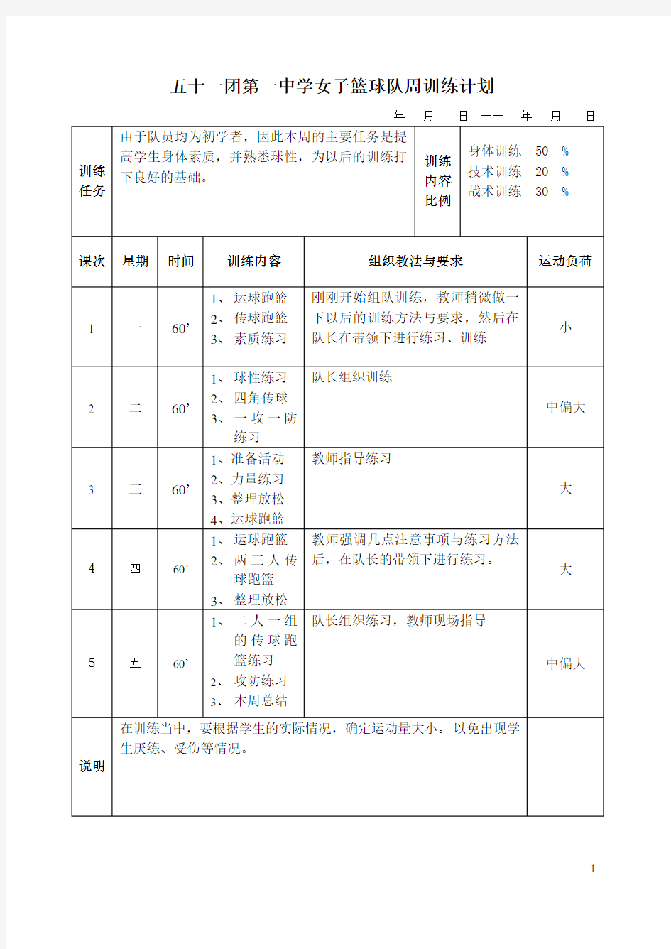 五十一团第一中学女篮周训练计划表