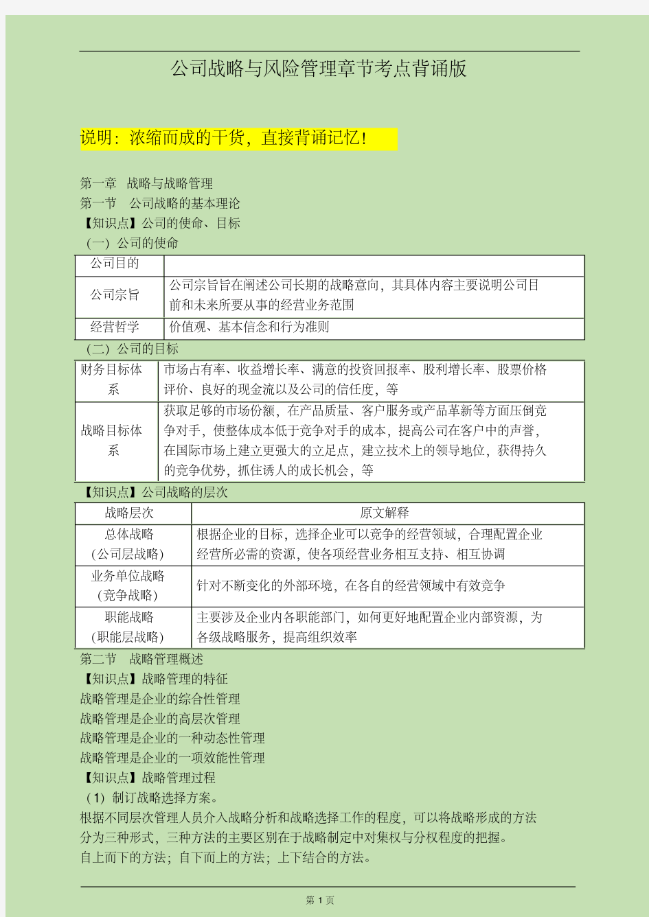 备考2019年注会公司战略与风险管理章节考点背诵版