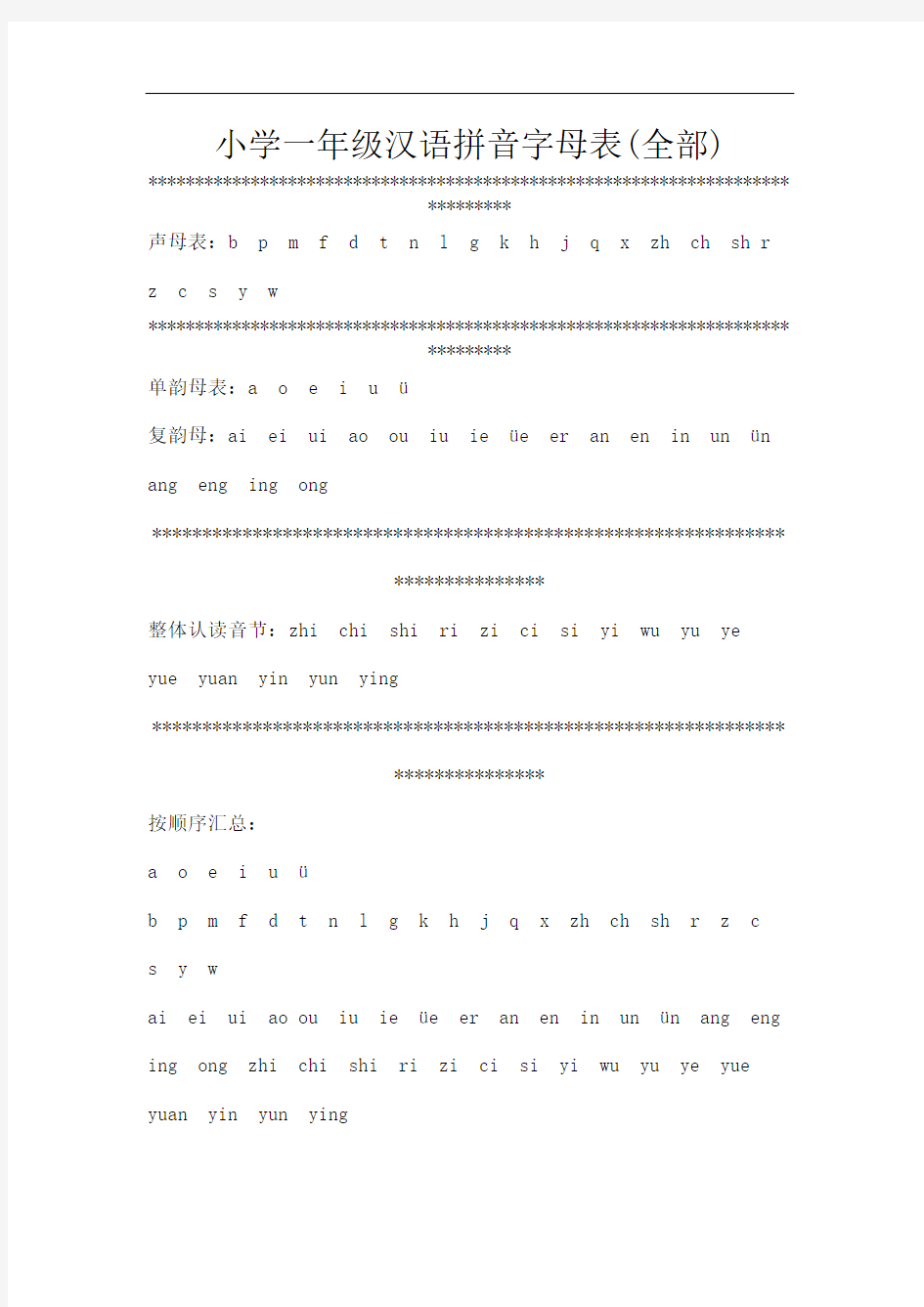 小学一年级汉语拼音字母表全纸