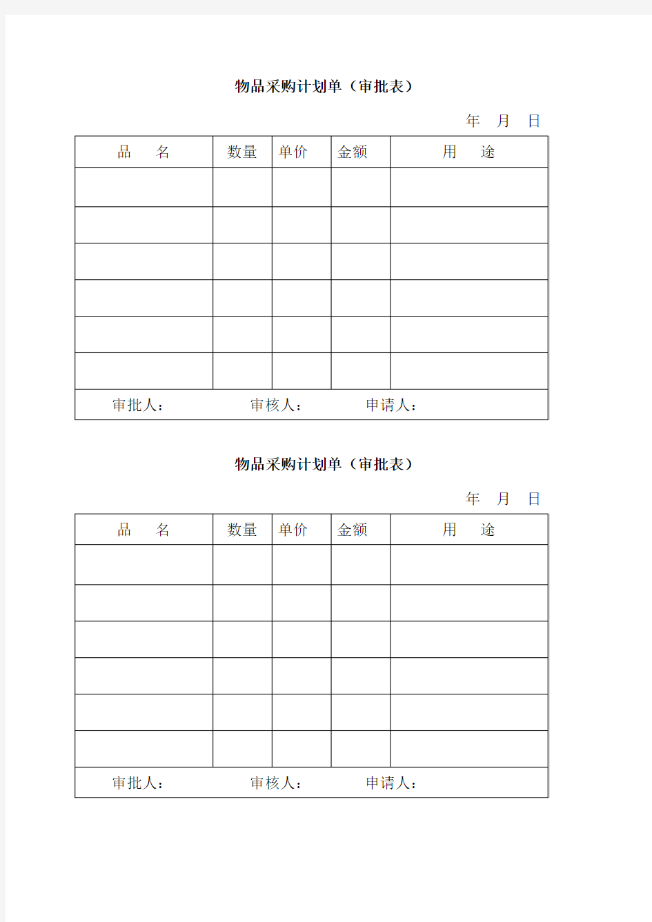 物品采购计划单(审批表)