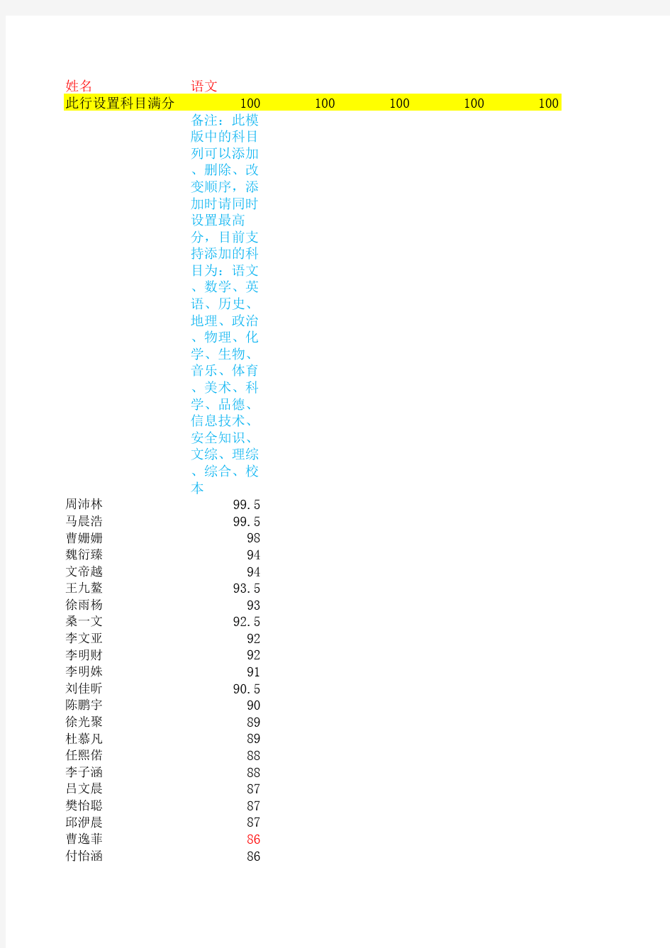 成绩表模板