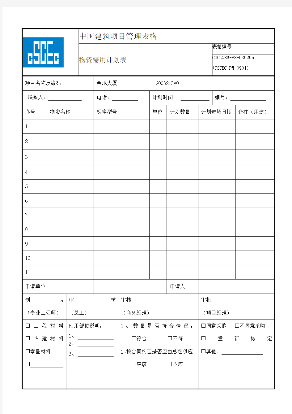 物资采购计划表-格式