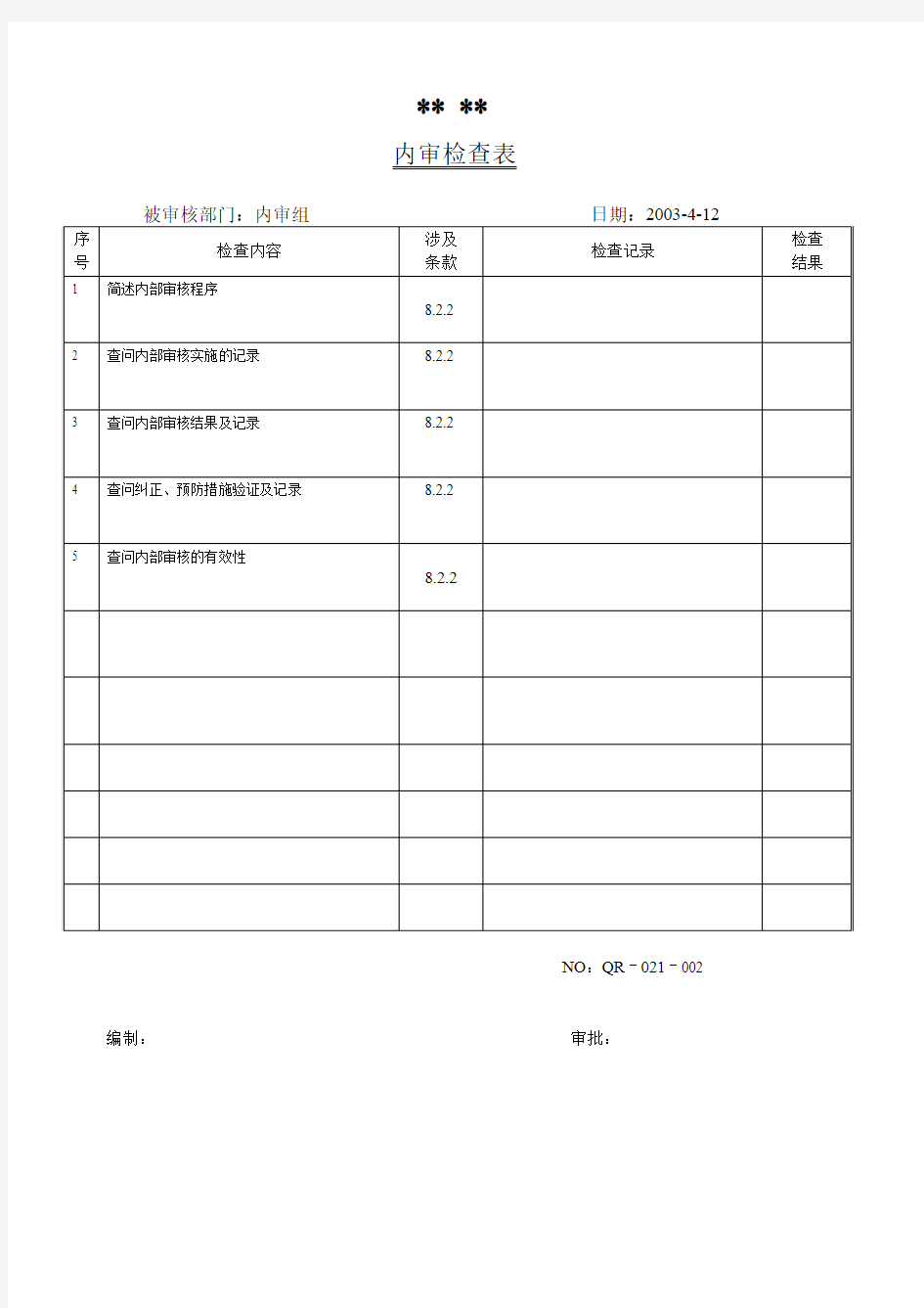 checklist 内审组内审检查表