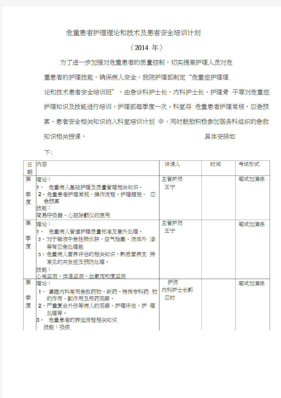 危重患者护理理论和技术培训计划