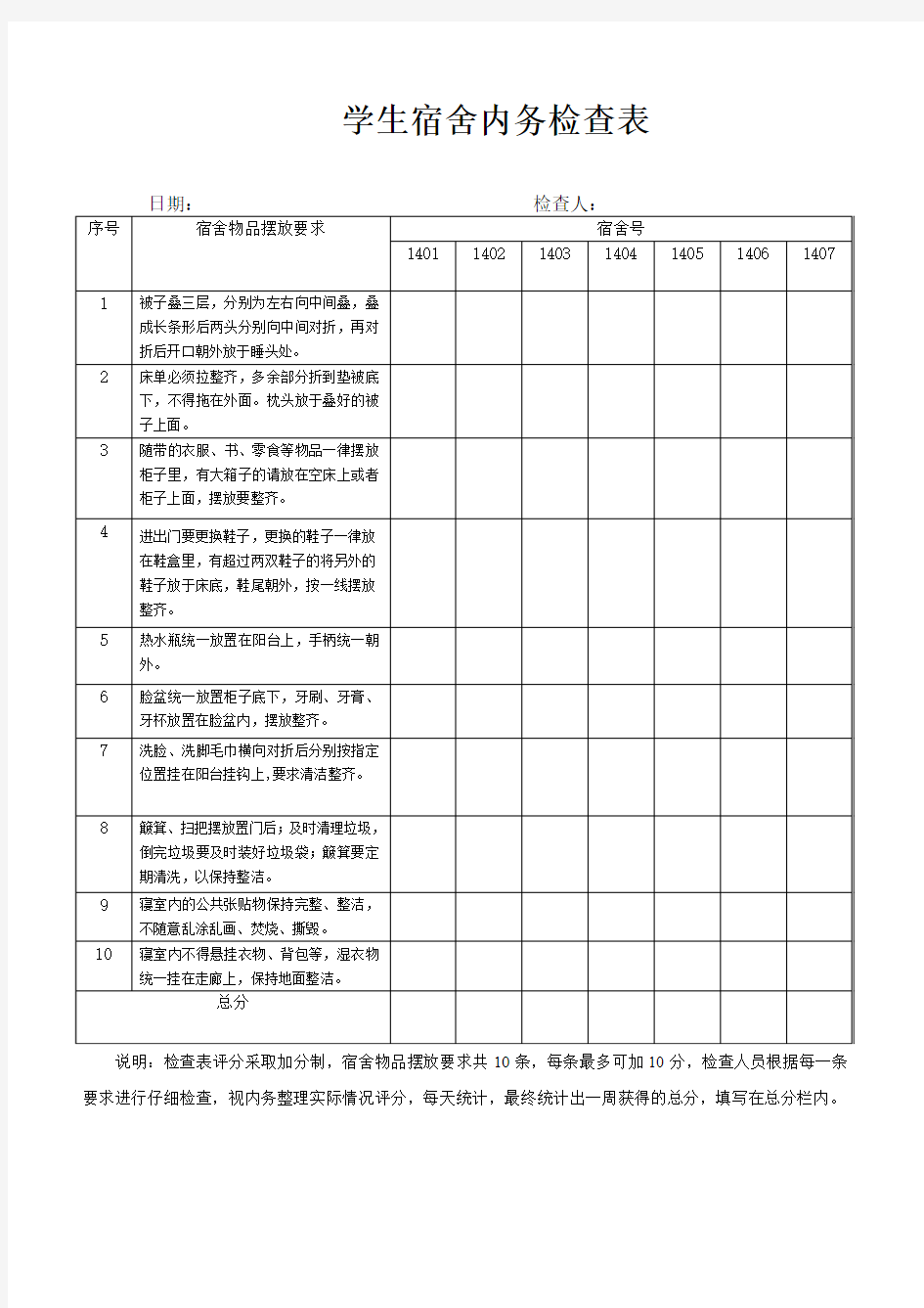 学生宿舍内务检查表(女生)