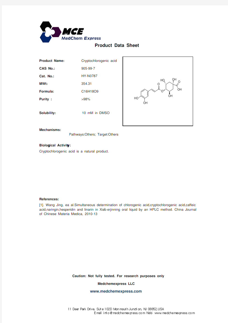 Cryptochlorogenic acid_905-99-7_DataSheet_MedChemExpress